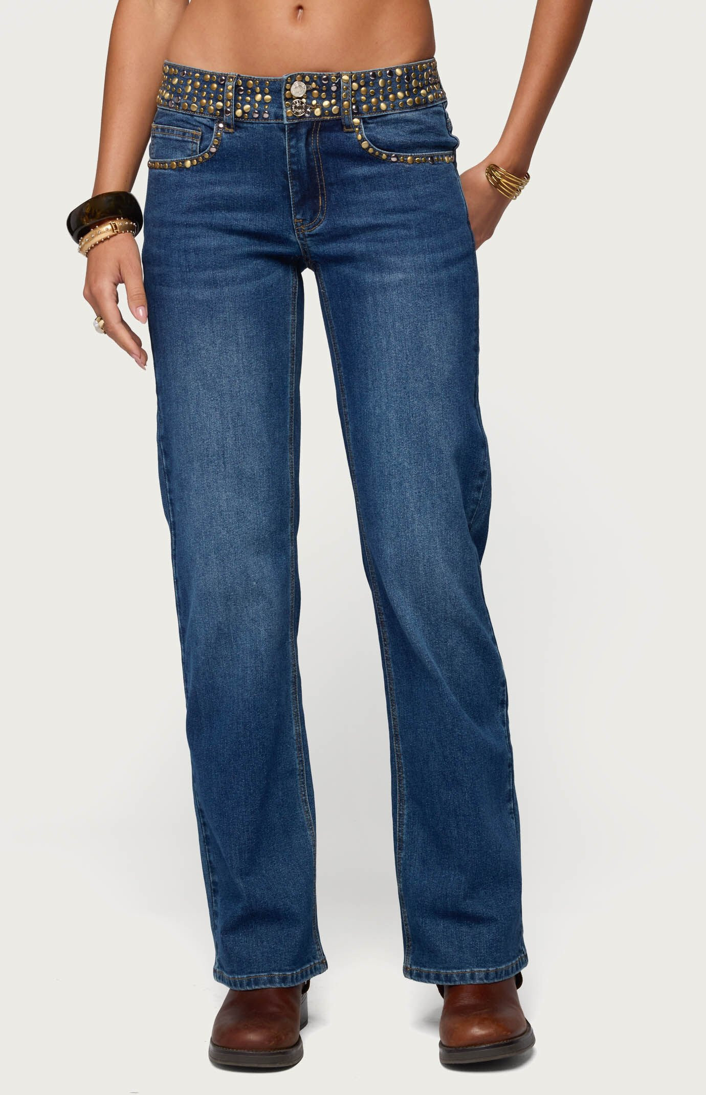 Edikted Women's Studded Low Rise Straight Jeans in Denim Blue - Size XS | PacSun
