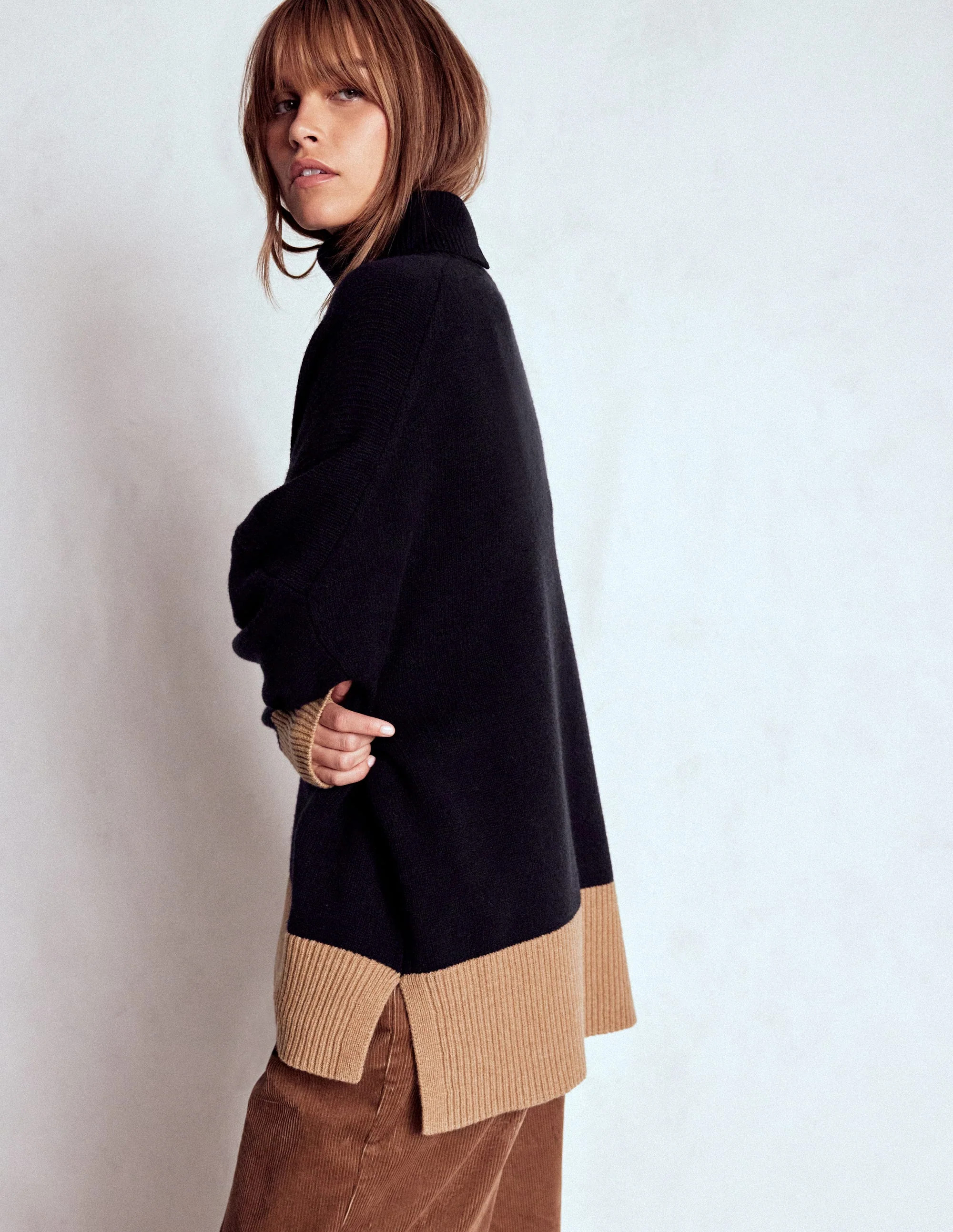 Polly Merino Roll Neck Sweater-Navy, Warm Taupe Colour Block | Boden (US)