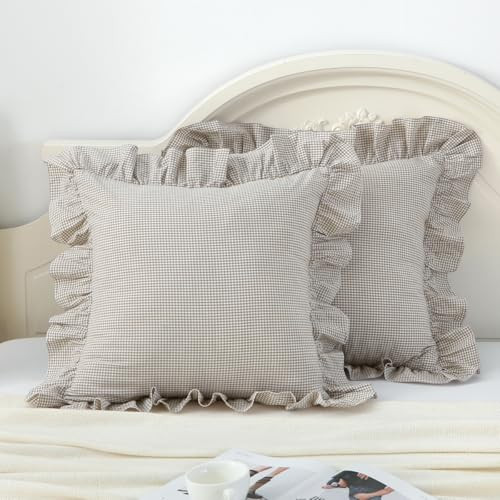 Silnuo Brown/White Ruffle Plaid Throw Pillow Covers Set of 2,Farmhouse Checkered Gingham Pillowcases 20"x20" Pillow Shams for Couch,Sofa,Bed and Living Room | Amazon (US)