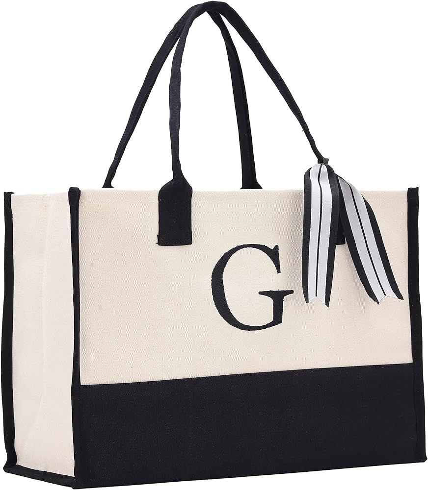 Personalized Gift Monogram Initial 100% Cotton Two Tone Chic Tote Bag with Customize Option - Black | Amazon (US)