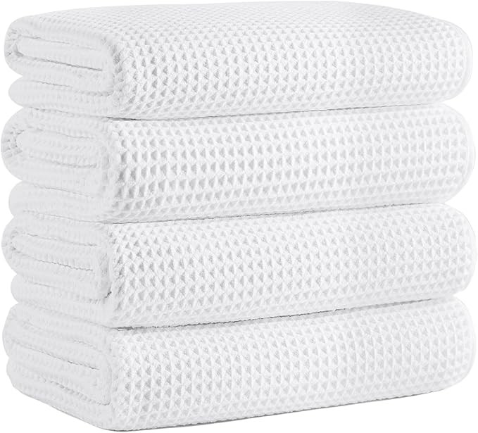 Microfiber Waffle Bath Towels, 4 Pieces, Soft, Absorbent, Fast Drying, Lint Free (White) | Amazon (US)