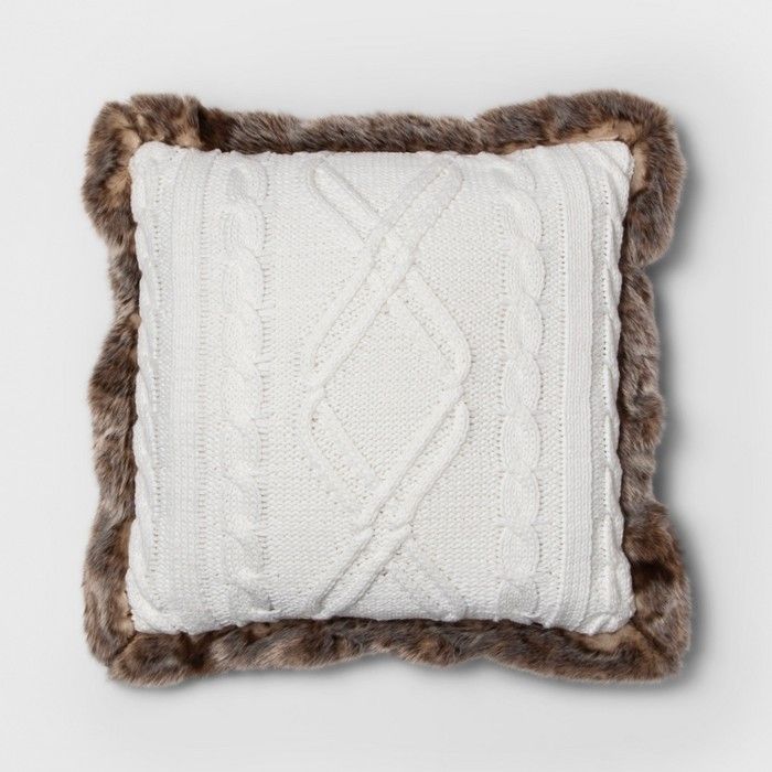 Knit With Faux Fur Reverse & Brown Fur Trim Square Throw Pillow Cream - Threshold™ | Target