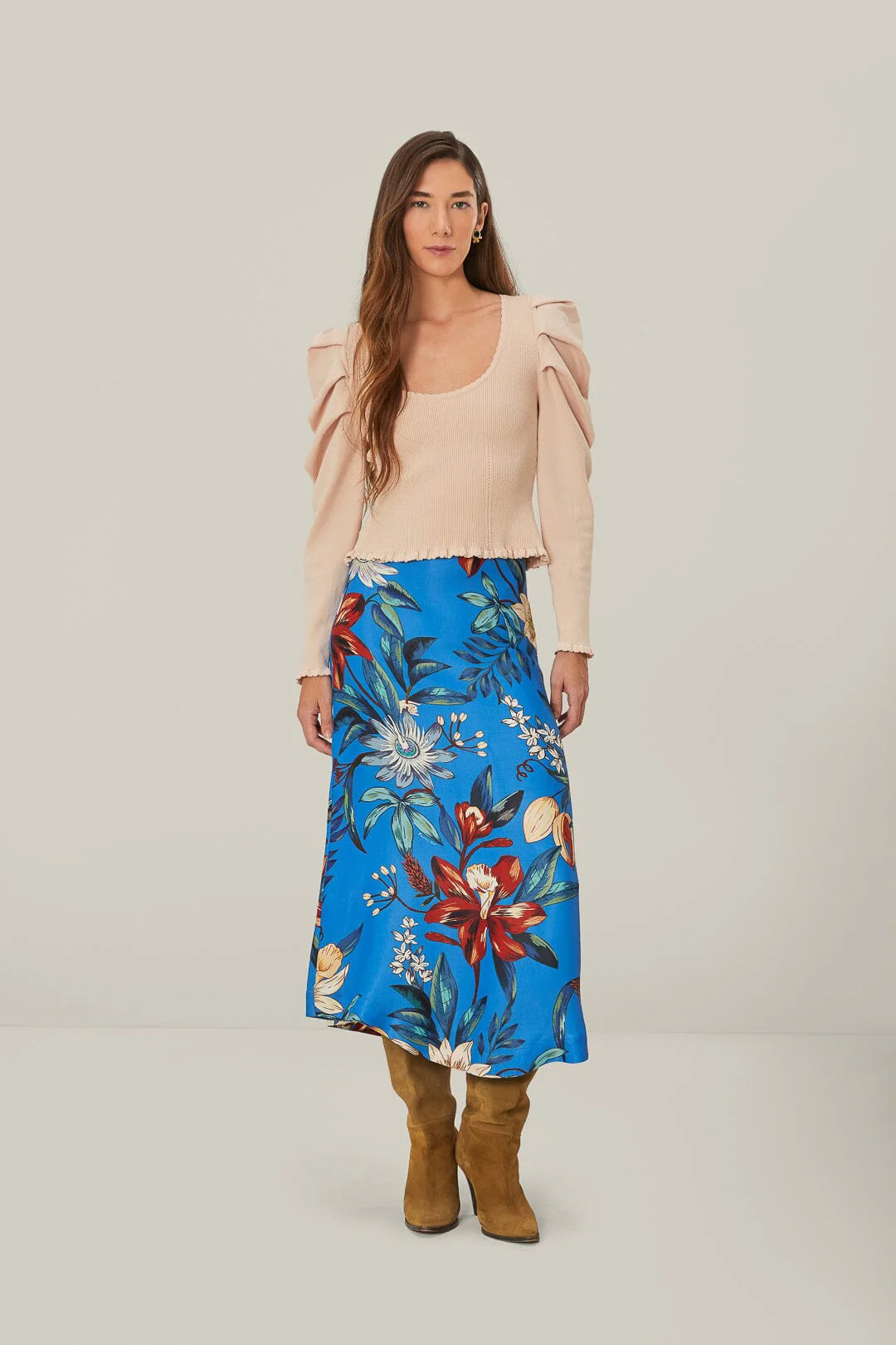 Blue Surreal Flowers LENZING™ ECOVERO™ Midi Skirt | FarmRio (US)
