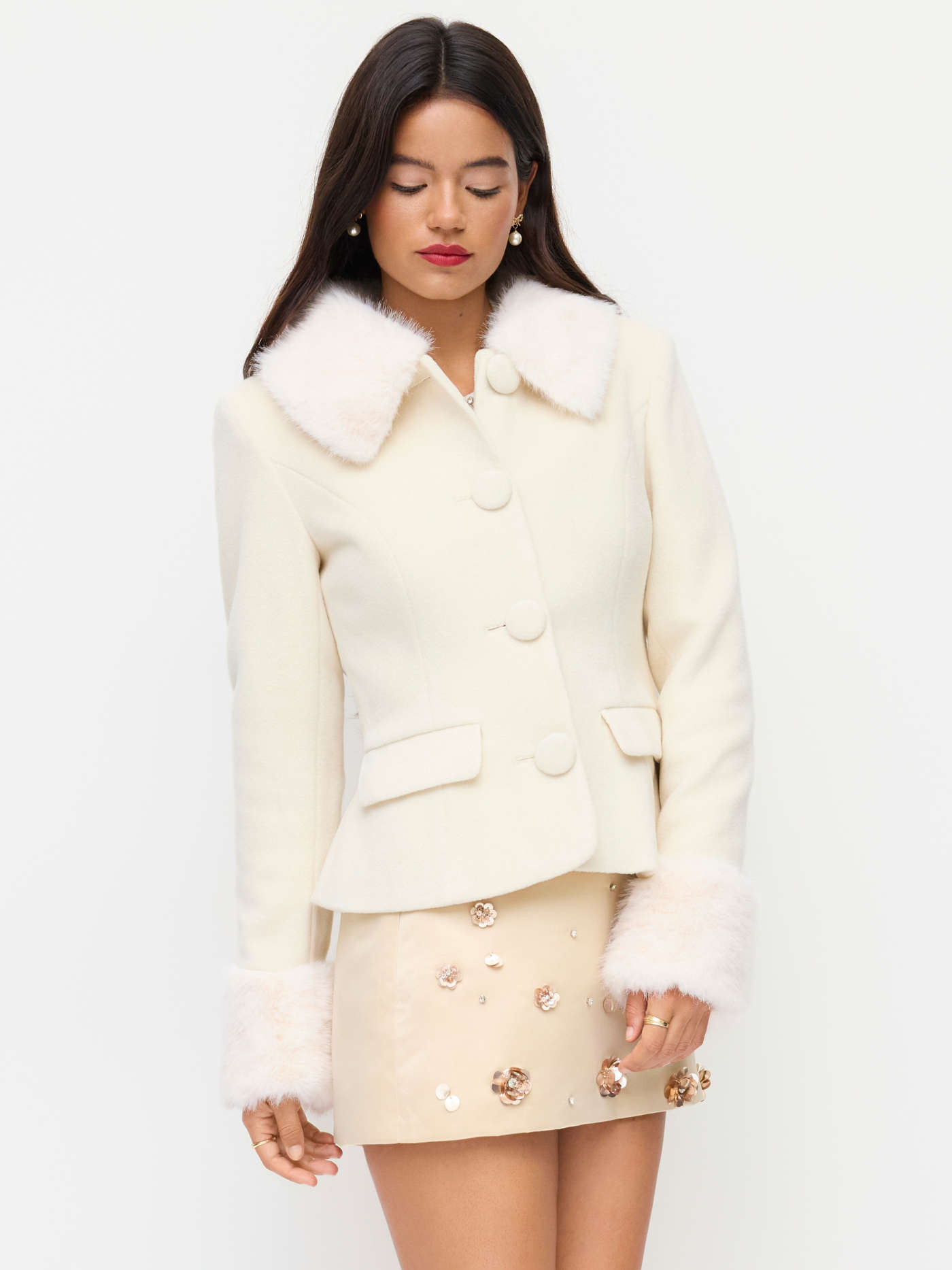 Wool-look Collar Faux Fur Trim Long Sleeve Button Coat | Cider