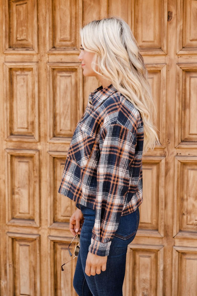 According To Him Navy Cropped Plaid Shacket | Pink Lily