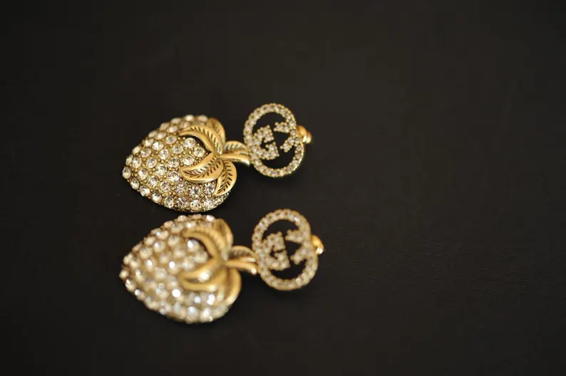 Vintage Crystal GG Earrings, Dark Gold Strawberry g earrings | Etsy (US)