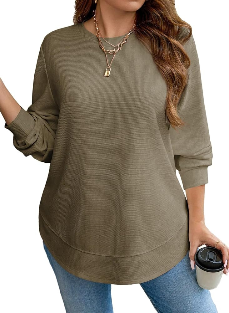Eytino Womens Plus Size Tops Crewneck Long Sleeve Double Hem Waffle Knit Shirts Loose Casual Tuni... | Amazon (US)