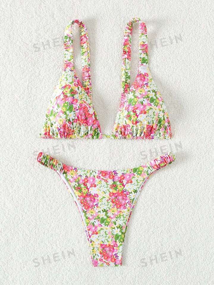 SHEIN Swim Mod Women's Floral Printed Cami Bikini Set Carnival | SHEIN