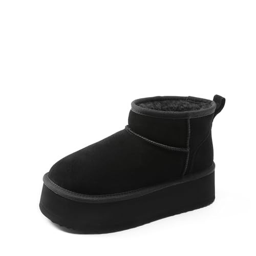 DREAM PAIRS Platform Winter Boots for Women Genuine Suede, Wide Toe Water Slip Resistant Ankle Mini Snow Boots Lined Fur with Lightweigt Memory Foam Insole Outdoor,Size 8.5,Black,SDSB25005W | Amazon (US)