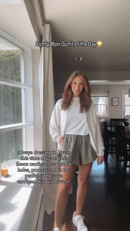 Cute and comfy mom look

Aerie shorts- oversized and amazing!! Size small

This fleece cardigan is so good!! Soft and stretchy. Perfect for athleisure looks

#LTKfindsunder50 #LTKSeasonal #LTKfindsunder100