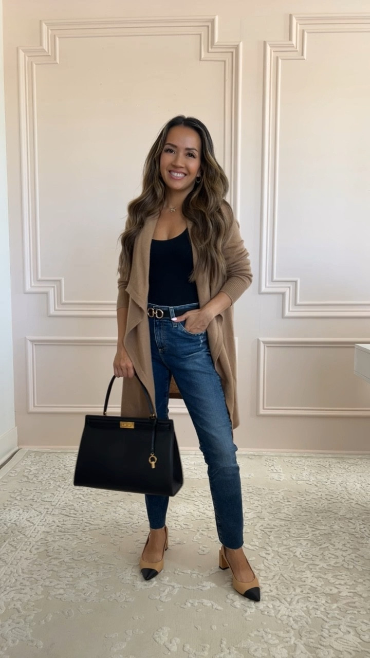 Fall outfit idea - classic camel
cardigan, $15 tank, designer denim, cap toe sling back pumps, black handbag 

#LTKStyleTip #LTKFindsUnder50 #LTKFindsUnder100