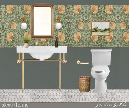 Powder room design, console sink, wallpaper, powder room idea 