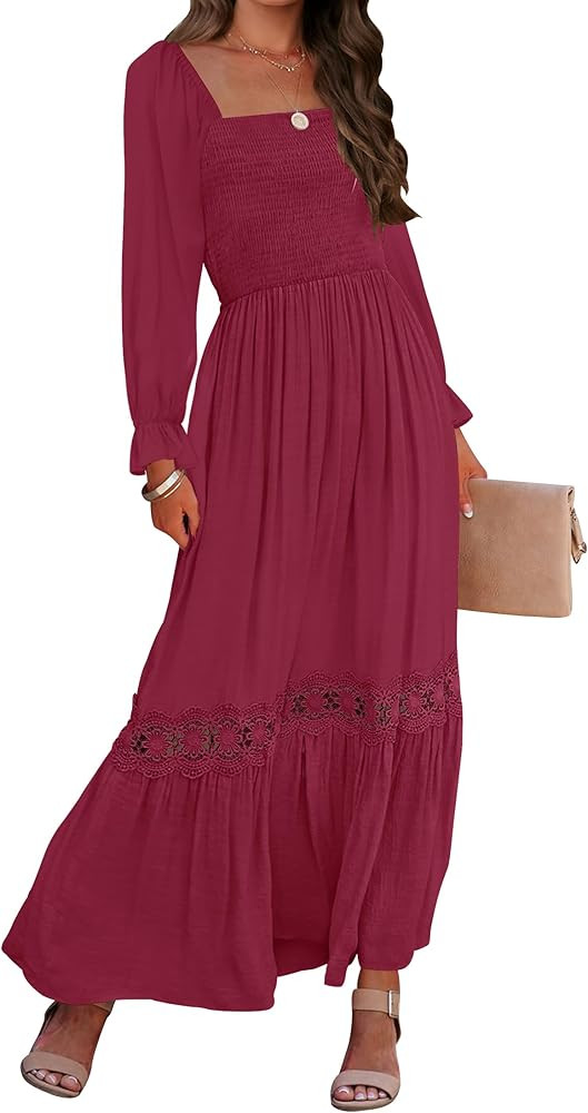 ZESICA Women's 2025 Boho Long Sleeve Square Neck Smocked High Waist Flowy A Line Lace Trim Maxi D... | Amazon (US)