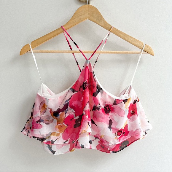 [caren forbes] tiered ruffle floral chiffon halter crop bra top pink S | Poshmark