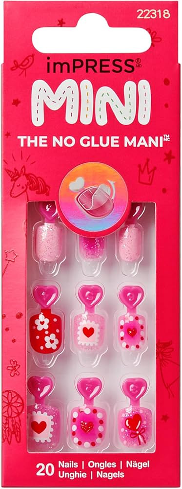 KISS imPRESS No Glue Mani Press On Nails, Mini, 'Candy Heart', Pink, Kids Size, Squoval Shape, In... | Amazon (US)