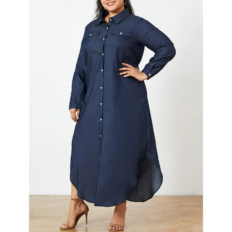 ZANZEA Women Denim Lapel Long Sleeve Buttons Front Maxi Shirt Dress | Walmart (US)