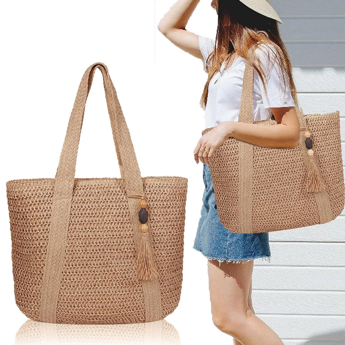 Large Straw Beach Bag for women, Straw Tote Bag with Tassels, Woven Summer Handbag Shoulder Bag f... | Walmart (US)