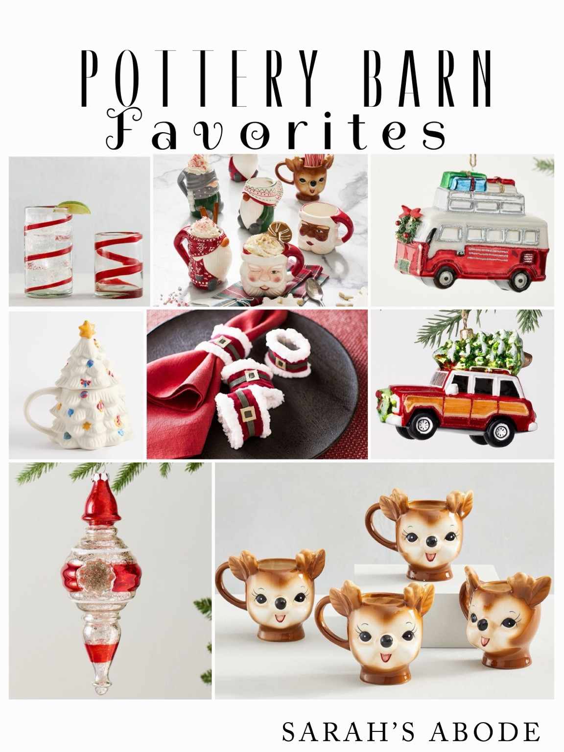 My Pottery Barn Christmas favorites!! They all have a nostalgic feel about them!! 

Candy cane swirl glasses. Santa mugs. Deer mugs. Camper van ornament. Vintage Christmas tree mug. Santa napkin rigs. Christmas napkin rings. Woody ornament. Jeep ornament. Vintage Christmas. Retro car    

#LTKHome #LTKSeasonal #LTKHoliday