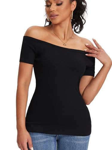 Black Off The Shoulder Tops for Women Short Sleeve Shirts Ribbed Basic Trendy Stretchy Lightweight Tops(Black Small) | Amazon (US)