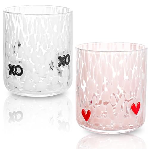 2 Pcs Valentine's Day Icon Glass Cups Set - 14 oz Heart Themed Icon Juice Glass Double Old Fashioned Icon Hand blown Cocktail Glasses Drinking Cups for Couple Wedding Home Bar Decor Lovely Gifts | Amazon (US)