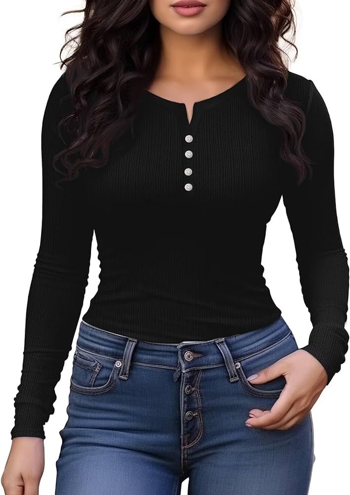 Womens Henley Tops Long Sleeve Fitted Button T Shirt Stretch Textured | Amazon (US)