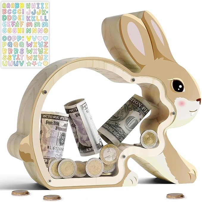 Wooden Bunny Piggy Bank for Kids, Unbreakable Rabbit Coin Bank for Kids with Letter Sticker, Wood... | Amazon (US)