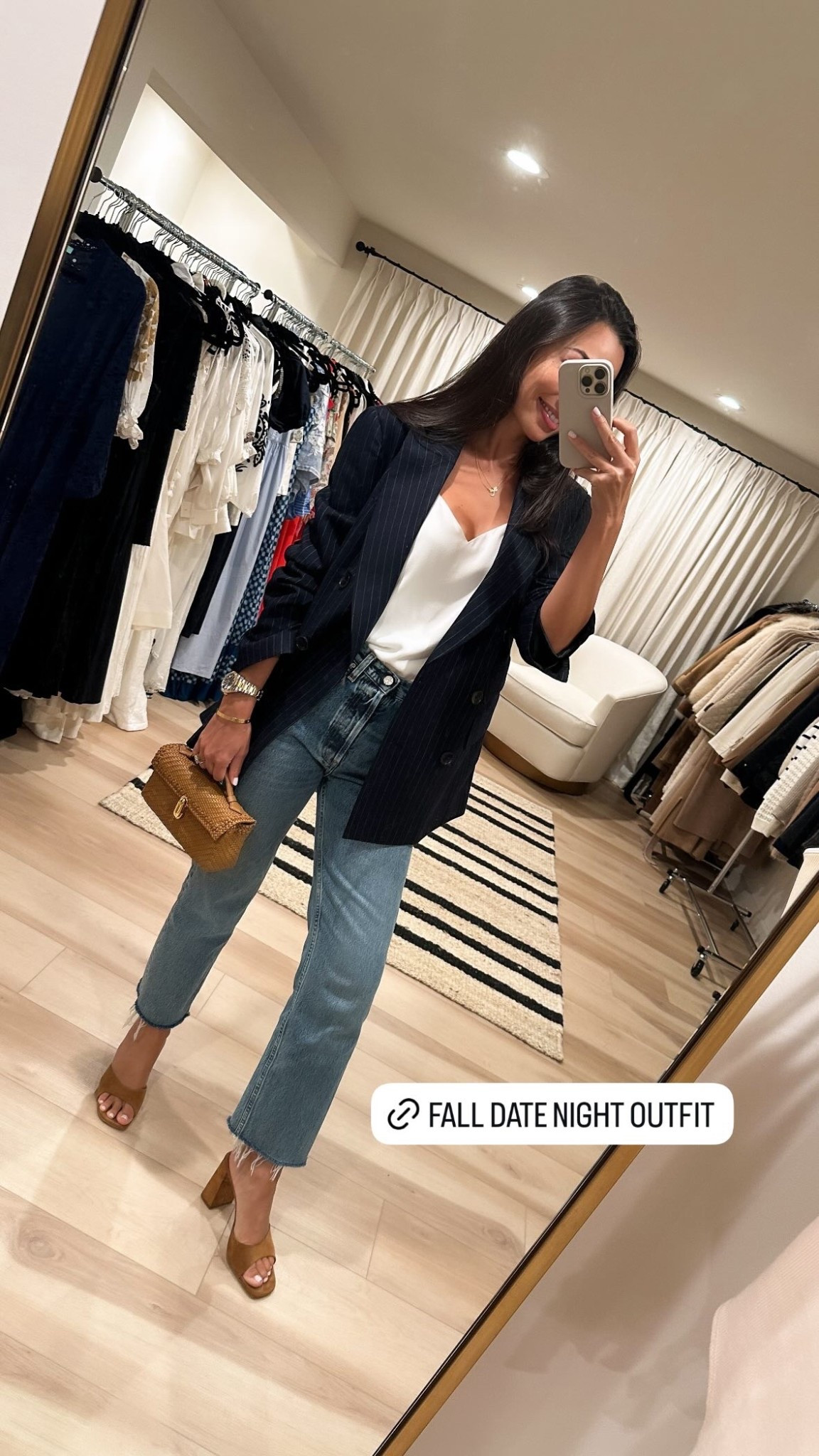 Fall date night outfit, blue pinstripe blazer, denim jeans, camisole. 

#LTKSeasonal #LTKShoeCrush #LTKItBag