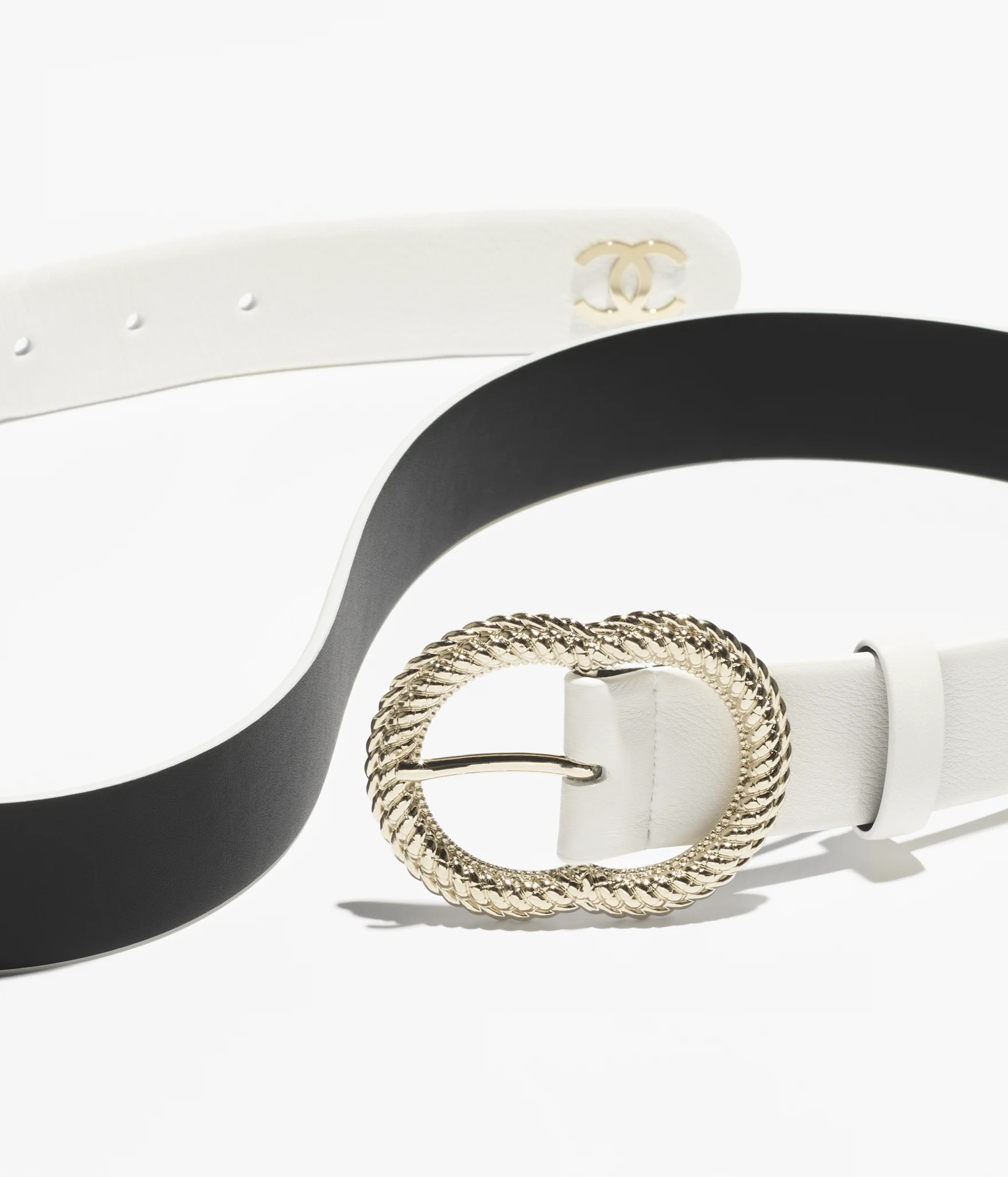 Leather belt - Calfskin & metal, white & gold — Fashion | CHANEL | Chanel, Inc. (US)