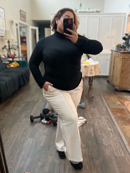 Relaxing watching holiday movies this morning in a black turtleneck and Plush Interlock Wide Leg Pant! Cozy and cute 🥰 sale on various colors of the turtleneck!

#LTKmidsize #LTKsalealert #LTKover40