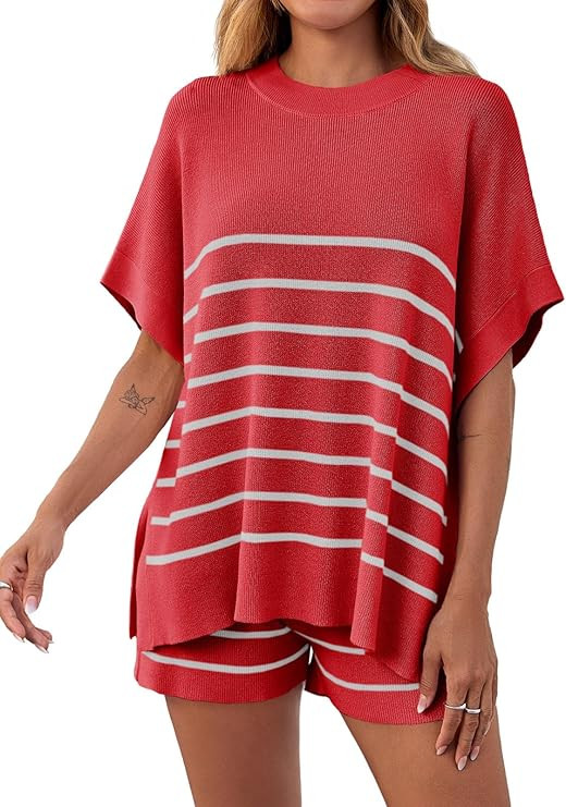 Fisoew Women's Striped 2 Piece Outfits Oversized Batwing Short Sleeve Tops High Waisted Shorts Su... | Amazon (US)