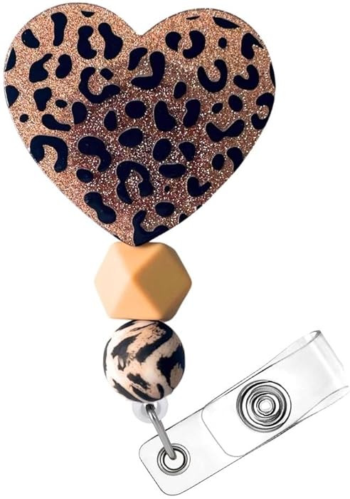 Cheetah Leopard Heart Badge Reel Holder ID Name Retractable Clip Lanyard with Cute Beaded Print B... | Amazon (US)