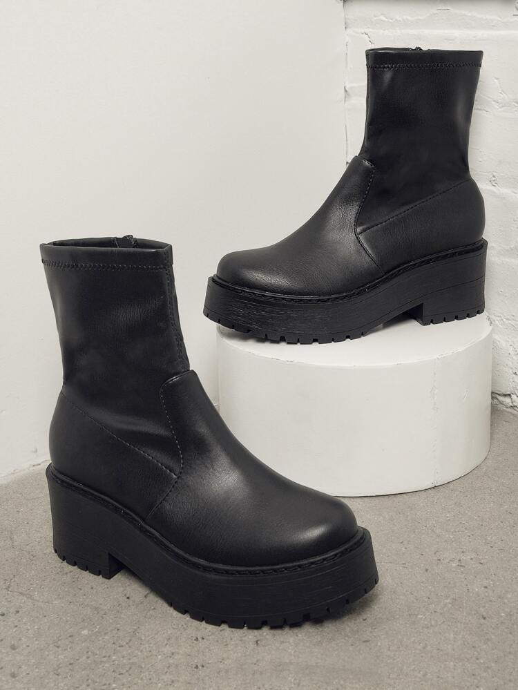 Faux Leather Closed Toe Below Calf Boots | SHEIN