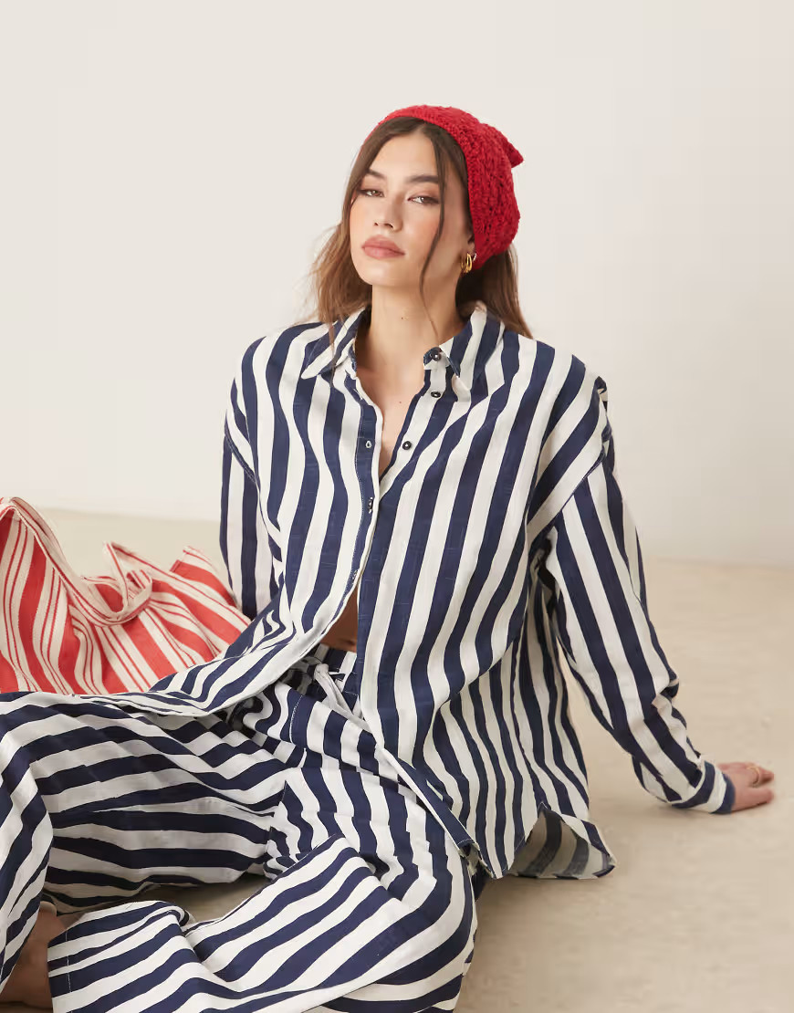 ASOS DESIGN oversized linen look shirt in navy stripe - part of a set-Multi | ASOS (Global)