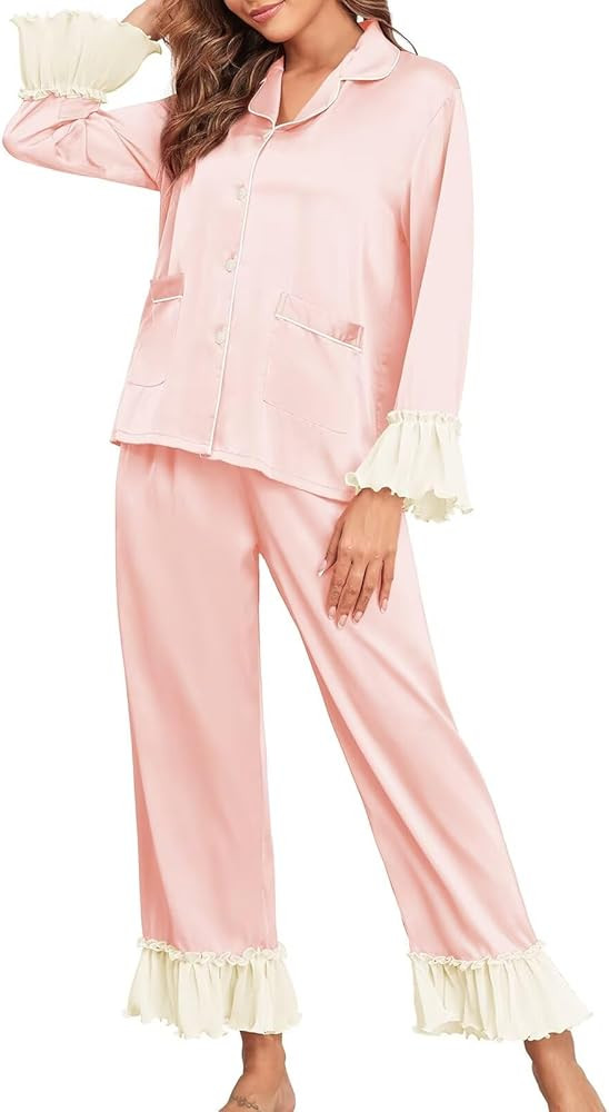 Brosloth Womens Silk Satin Button Up Pajamas for Women Soft Comfy Long Sleeve 2 Piece Loungewear ... | Amazon (US)