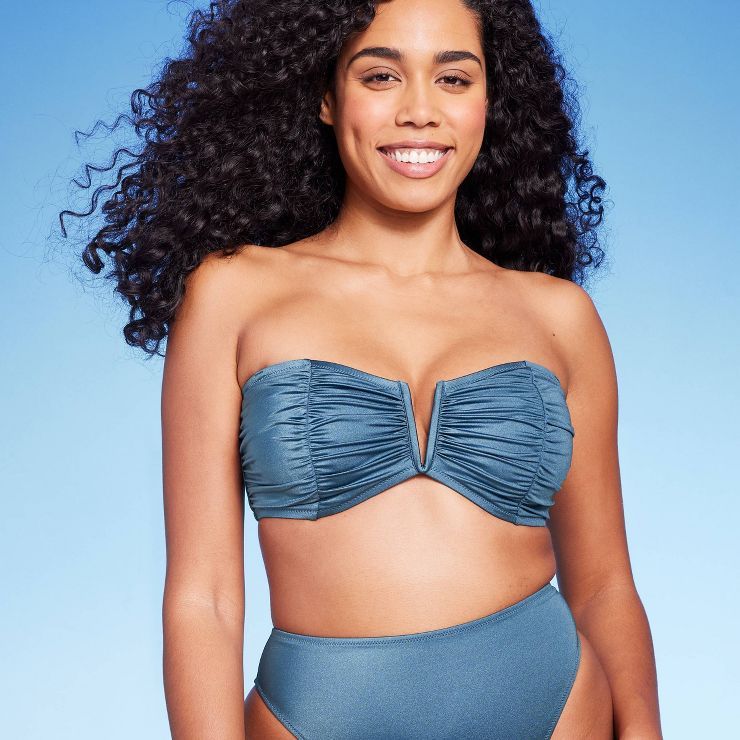 Women's Center Front V-Wire with Shirring Bandeau Bikini Top - Shade & Shore™ Blue | Target