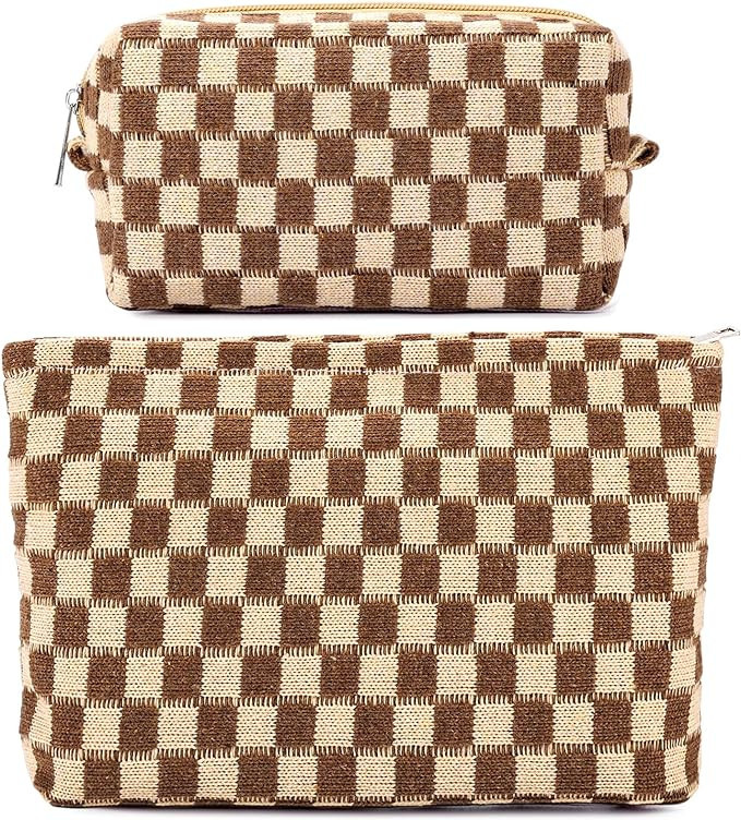 ZLFSRQ 2Pcs Checkered Makeup Bag for Women Large and Small Capacity Brown Cosmetic Bag Set Travel... | Amazon (US)