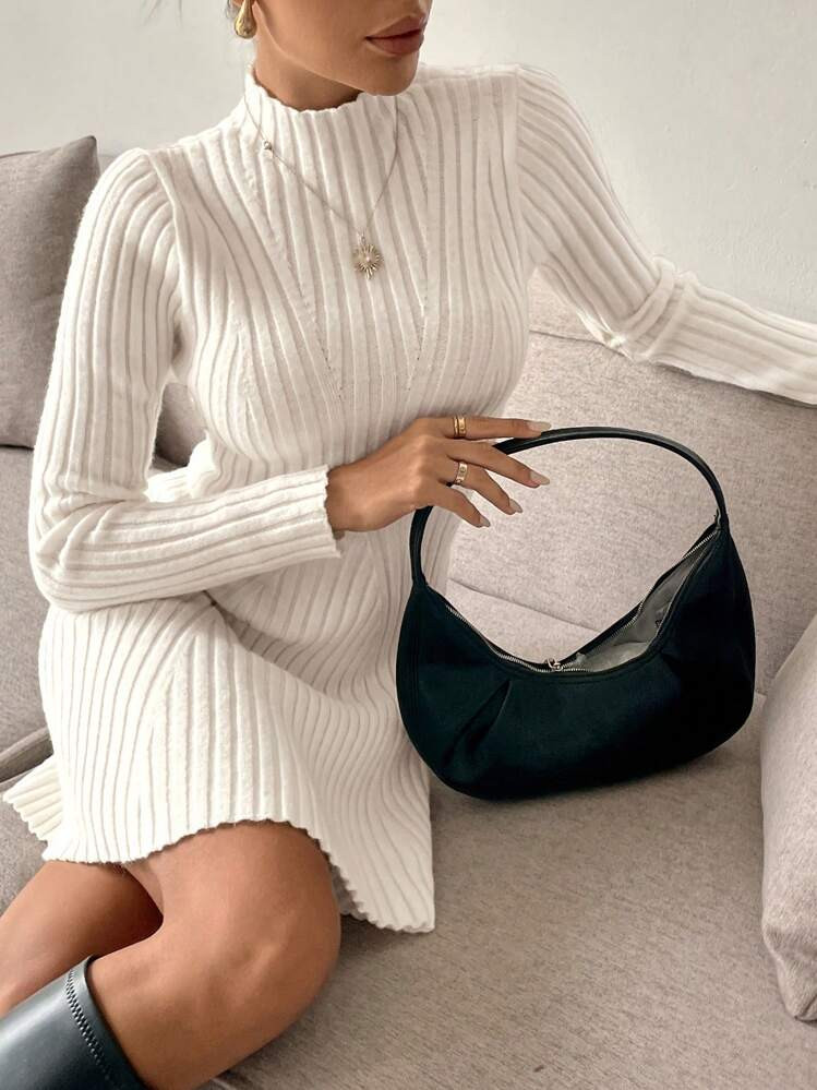 SHEIN Frenchy Women's Solid Color Stand Collar Long Sleeve Simple Casual Sweater Dress,Warm Sweater Winter Women Dress,Fall Women Dresses,Winter Women Clothes,Bell Sleeve Sweater Dress | SHEIN