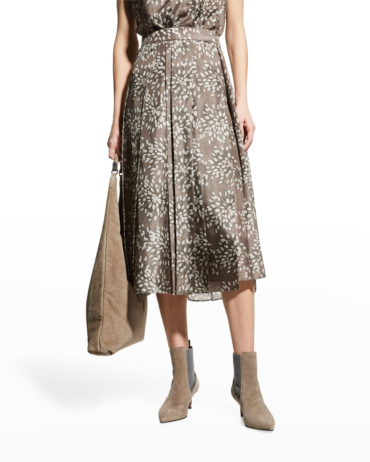 Floral Pleated Silk Midi Skirt | Neiman Marcus