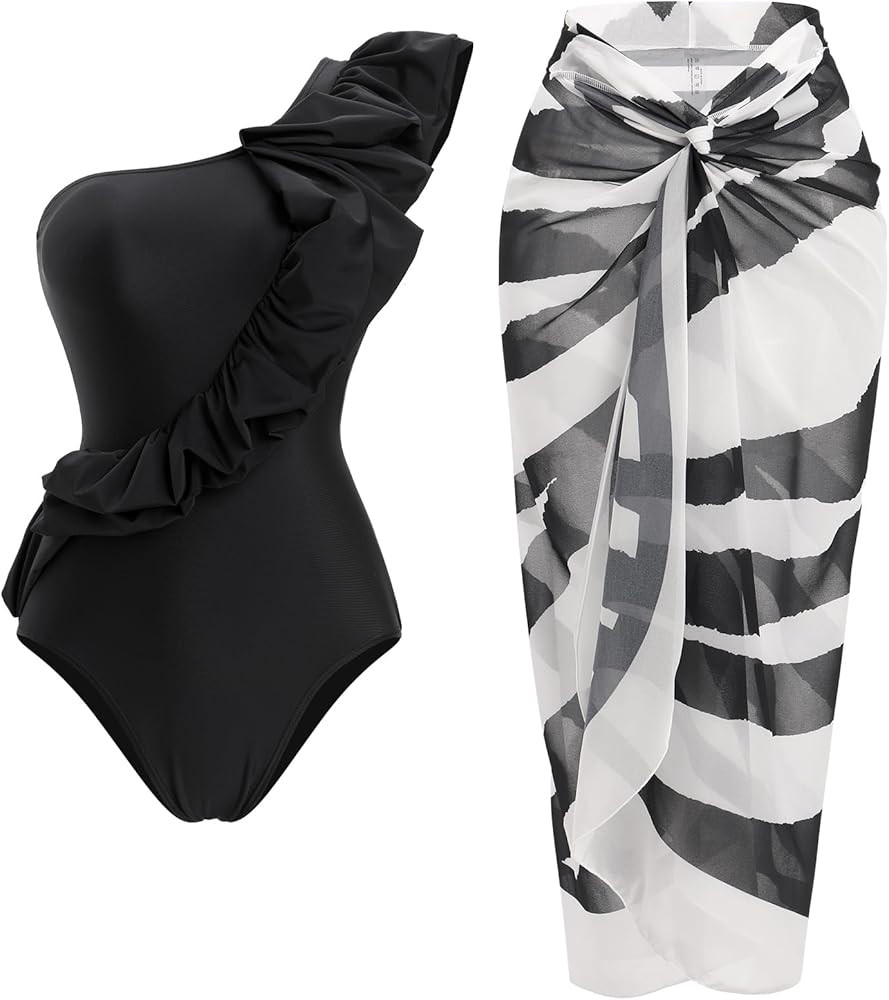 IDOPIP Women's One Piece Swimsuit with Beach Cover up Wrap Skirt Sarong Halter Floral Print Bikin... | Amazon (US)