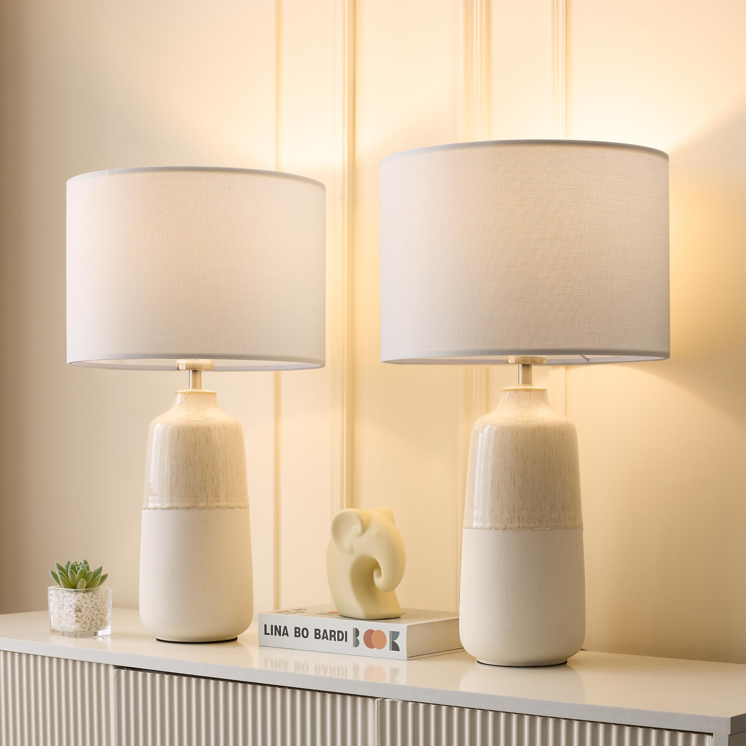 Tall Ceramic Table Lamp Set of 2, White Lamps for Bedroom Farmhouse Rustic Lamp Set Bedside Night... | Amazon (US)