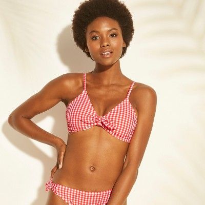 Women's Tie Front Gingham Bralette Bikini Top - Xhilaration&#153; Red Gingham S | Target