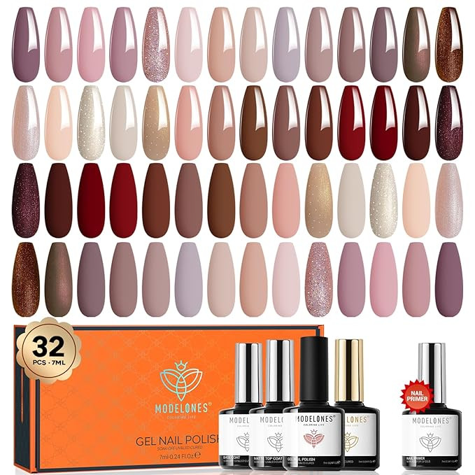modelones Gel Nail Polish Set, 32 PCS Nude Brown Gel Polish with No Wipe Base & Top Coat and Nail... | Amazon (US)