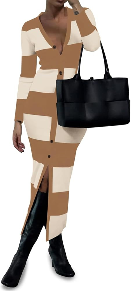 Saodimallsu V Neck Knit Sweater Dress Dresses Cardigans | Amazon (US)