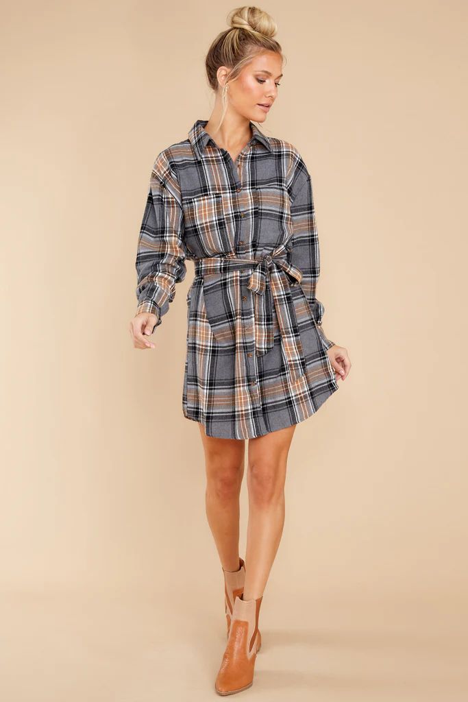 Make Time Grey And Caramel Plaid Dress | Red Dress 