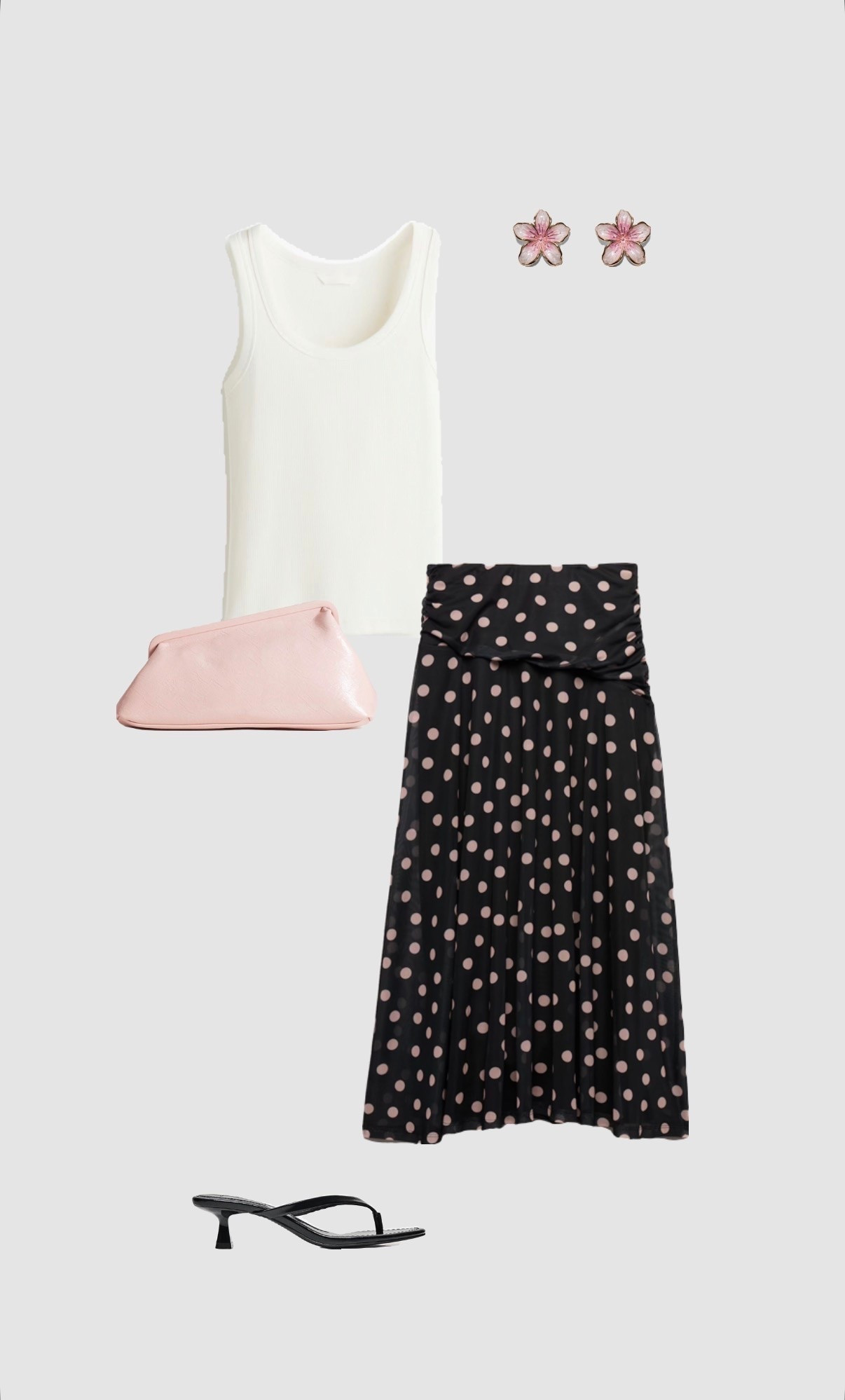 Summer Evening Dinner Date Night Outfit 🌸🌷💐

• black polka dot midi skirt cream ribbed scoop neck vest top rose blush pink clutch bag black thong kitten heels sandals holiday outfits spring brunch outfit hen do outfits euro summer pub uk night out going out outfits uk trendy 2026 womens outfit spring city break look •

#LTKuk #LTKsummer #LTKdatenight