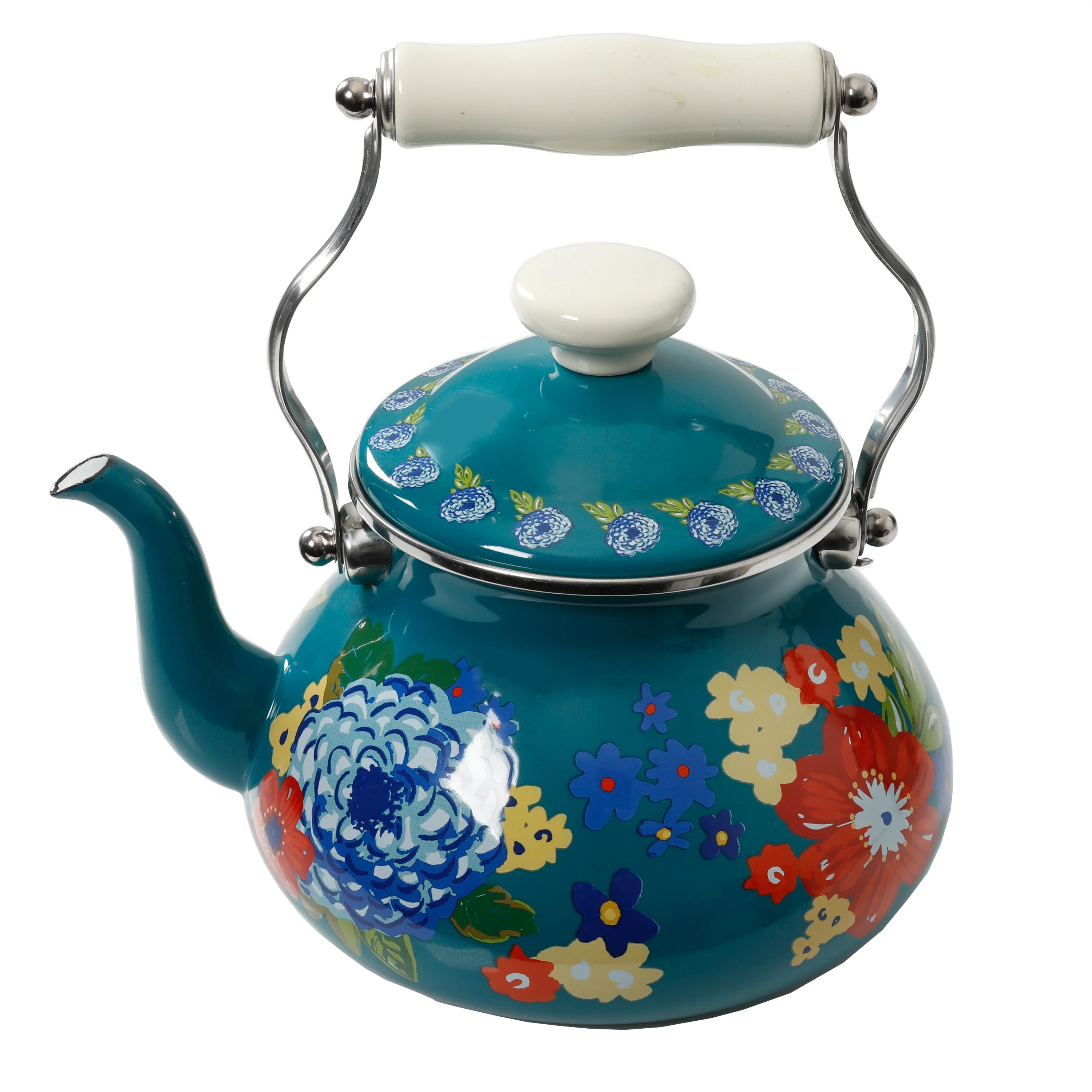 The Pioneer Woman Dazzling Dahlias Enamel on Steel 2 Quart Tea Kettle, Teal | Walmart (US)