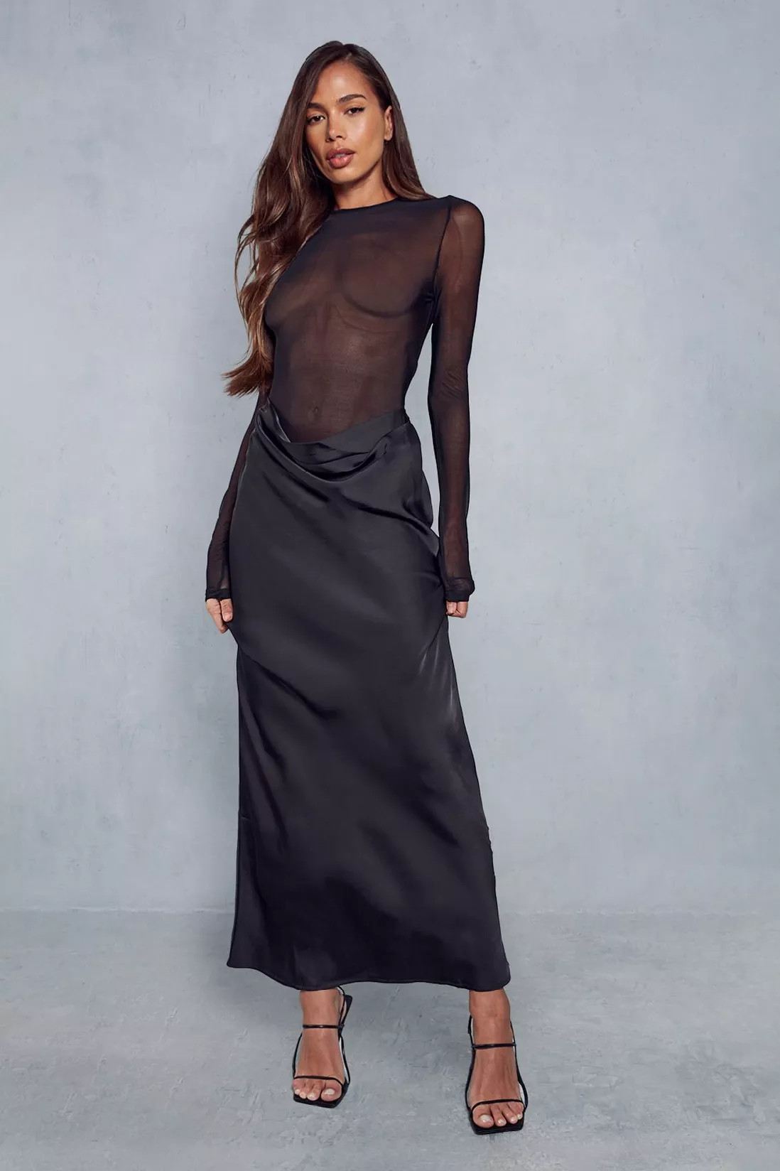 Mesh Body Satin Skirt Long Sleeve Maxi Dress | Debenhams UK