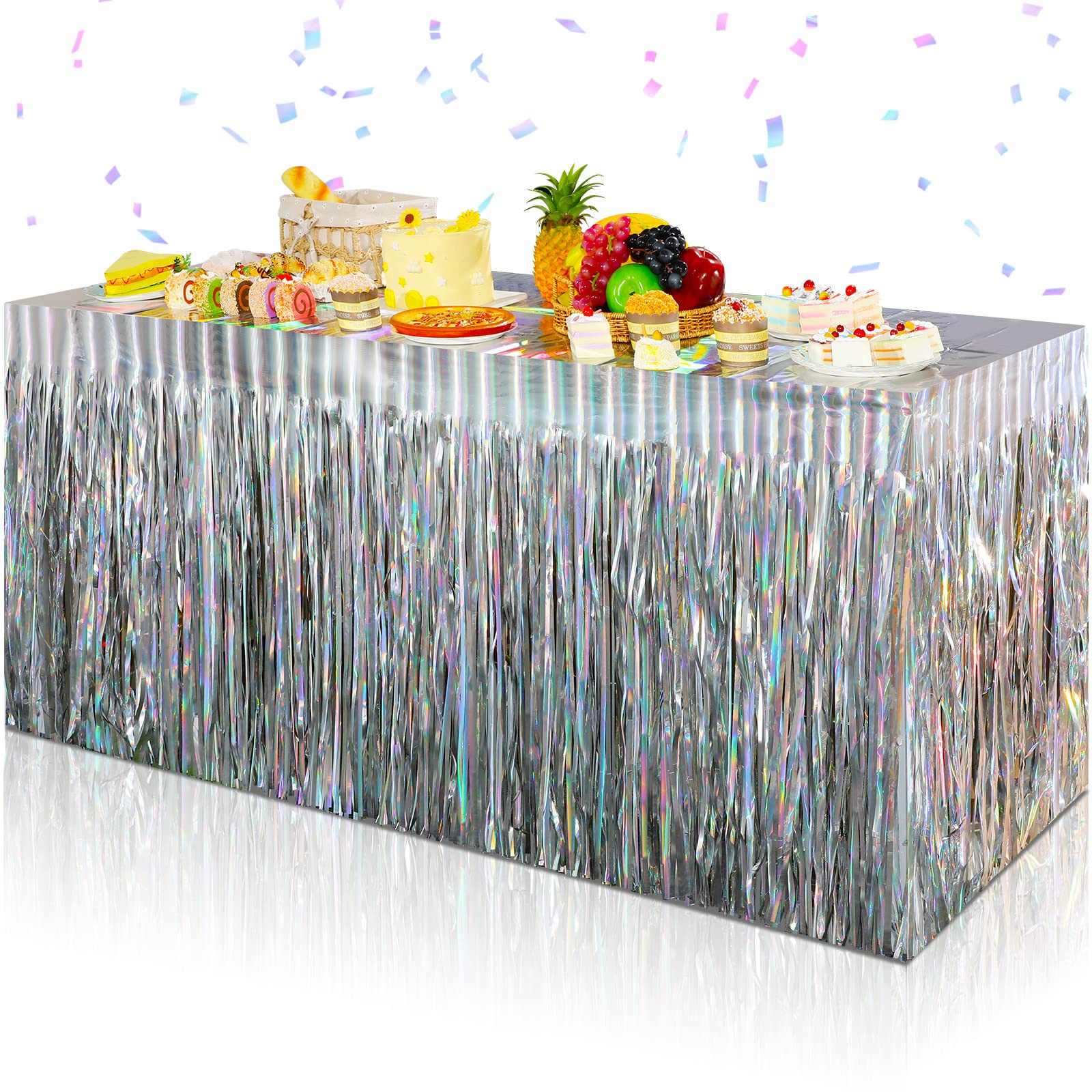 4 Pack Iridescent Table Skirt, Metallic Foil Fringe Tinsel Table Skirts for Rectangle Tables, Dis... | Amazon (US)