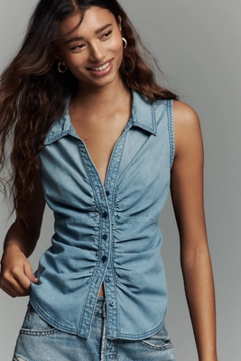 Pilcro Ruched Sleeveless Denim Buttondown Top | Anthropologie (US)