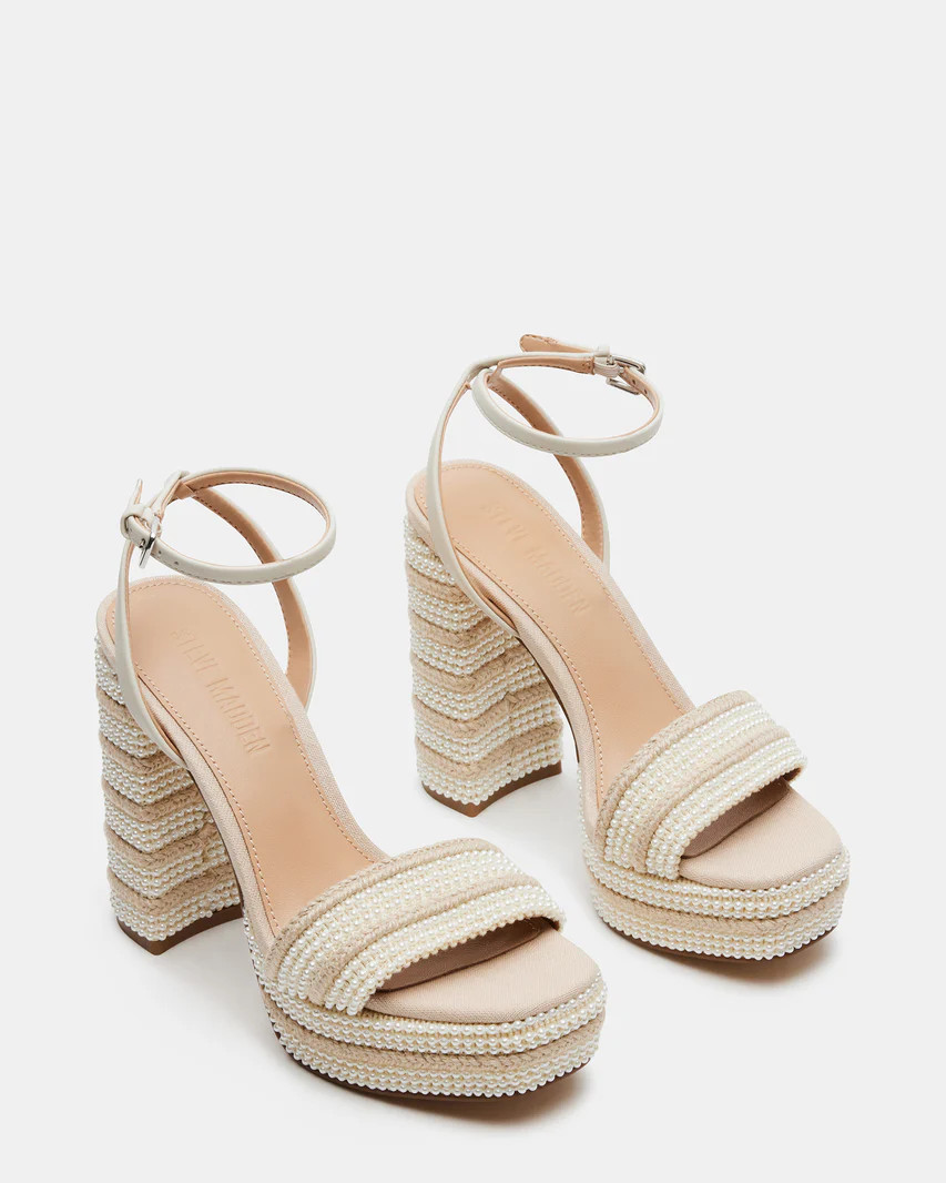LUMARA Natural Raffia Pearl Platform Block Heel | Women's Heels | Steve Madden (US)